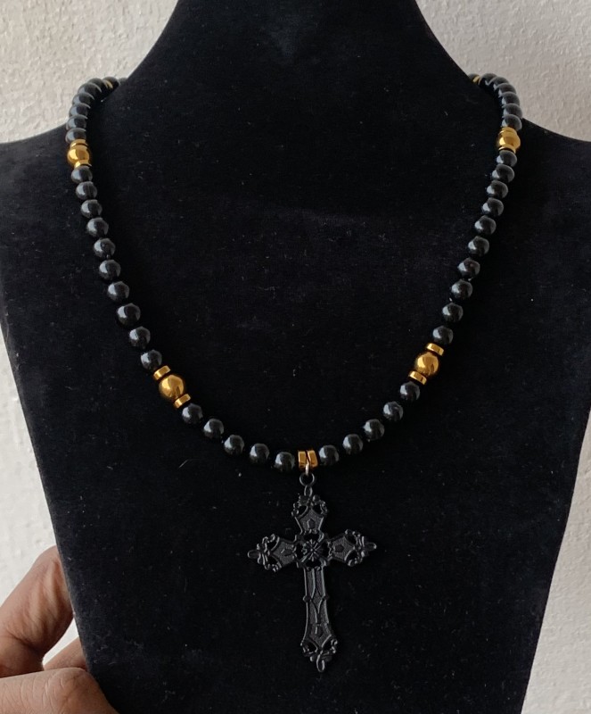 Gothic cross beaded black necklace